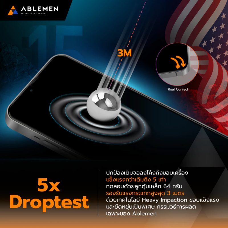 Ablemen 3D Corning Gorilla ฟิล์มกระจกเต็มจอลงโค้ง For iPhone 17 Pro Max /17 Pro /16 Pro Max /16 Pro /15 Pro Max/15  Pro