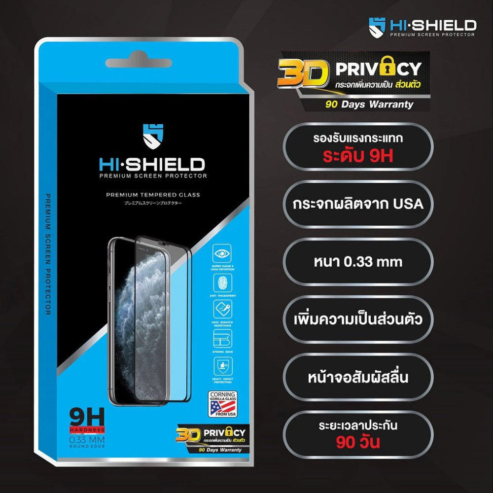HI-SHIELD 3D Privacy ฟิล์มกระจกนิรภัย For iPhone 17 Pro Max / 16 Pro Max / 15 Pro Max / 14 Pro Max / 13 Pro Max / 12 Pro